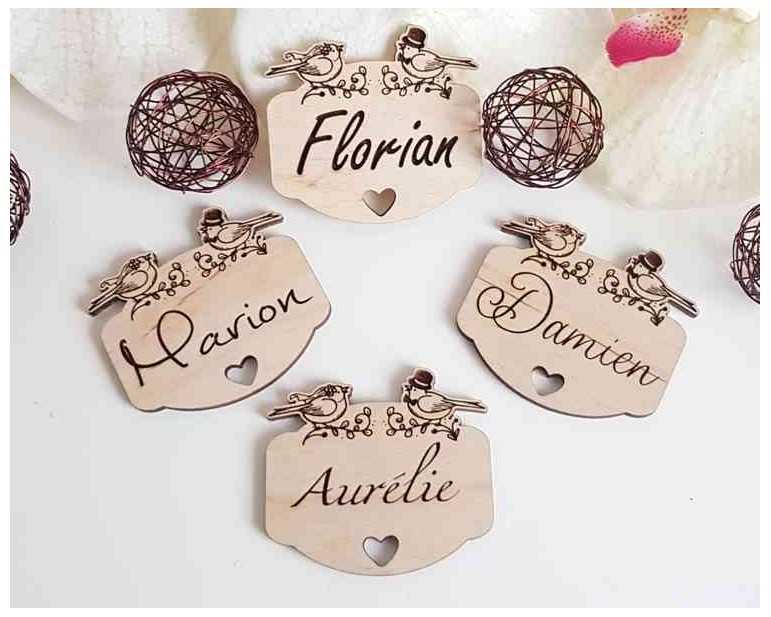 Marque place bois personnalisé oiseaux couple romantique