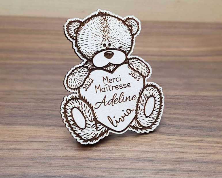 Magnet personnalisé bois ourson, remerciement fin d'année scolaire
