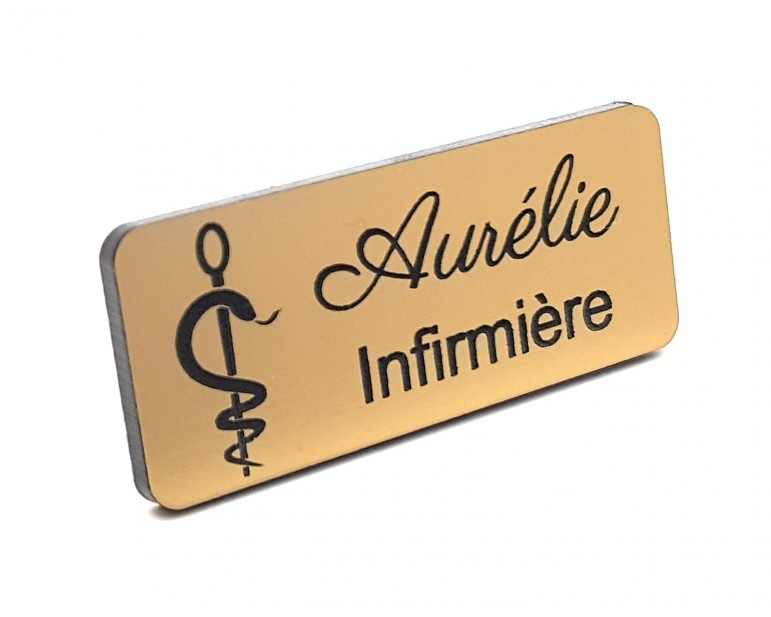 Badge personnalisé infirmière en or brossé acrylique, infirmier