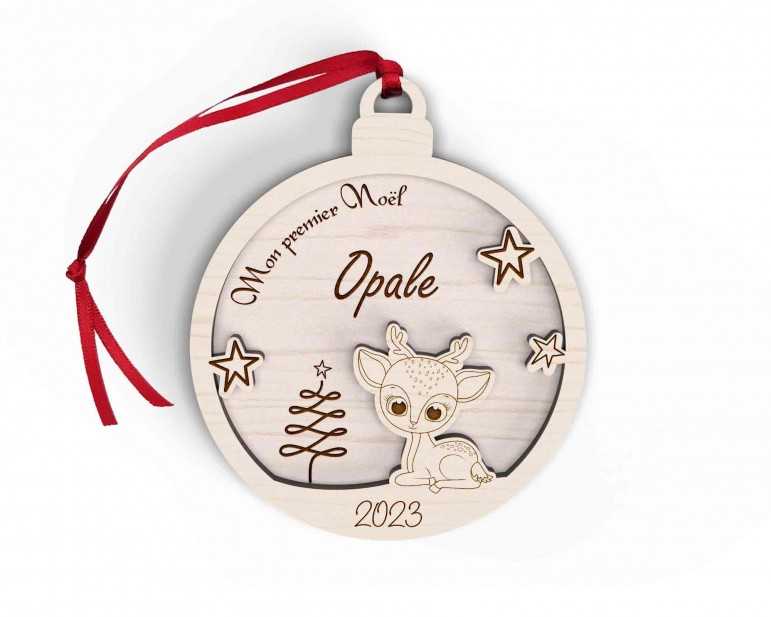 Boule de Noël personnalisée en bois décor cerf enfant mon premier noël