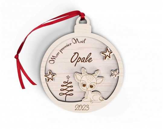 Boule de Noël personnalisée en bois décor cerf enfant mon premier noël