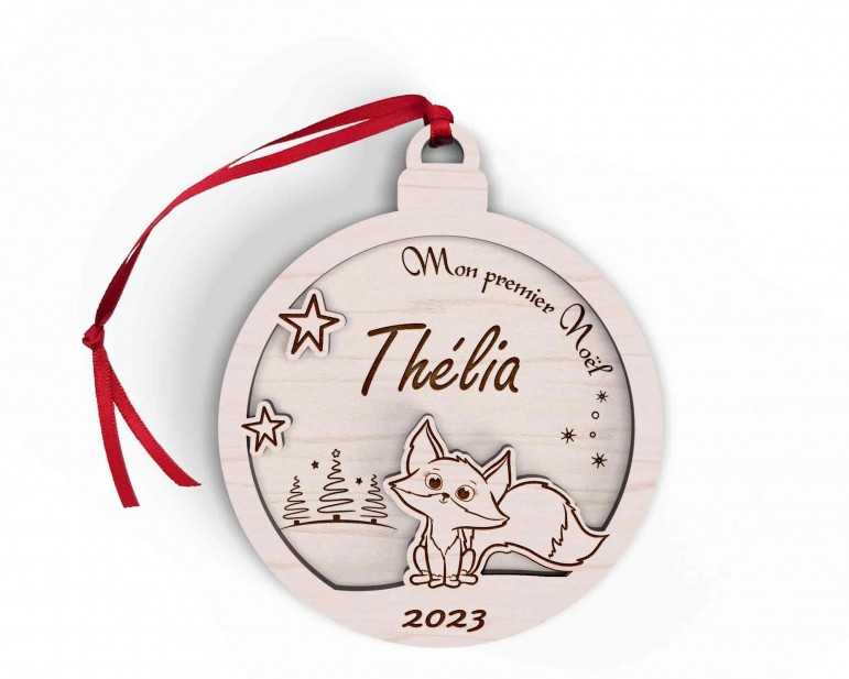 Boule de Noël personnalisée en bois décor renard