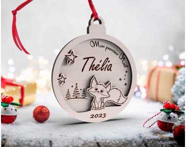 Boule de Noël personnalisée en bois décor renard