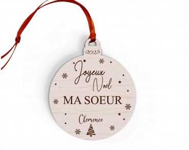 Boule de Noël personnalisée en bois, décor sapin, pour famille ou ami