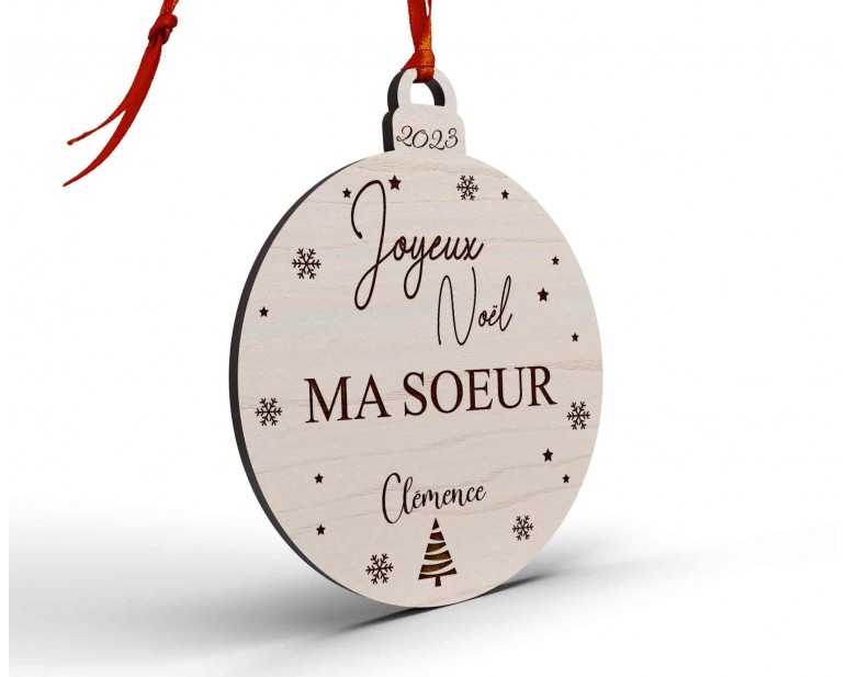 Boule de Noël personnalisée en bois, décor sapin, pour famille ou ami