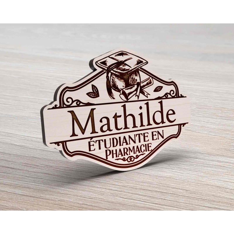 Badge vintage en bois étudiant élève pharmacien personnalisé vintage apothicaire