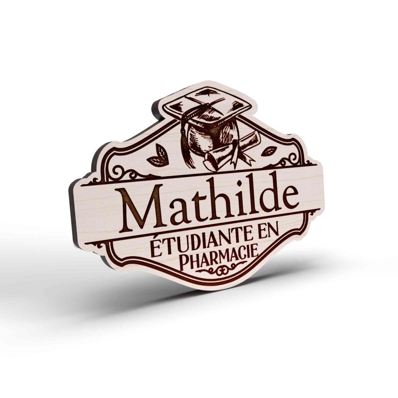 Badge en bois étudiant élève pharmacien personnalisé vintage apothicaire docteur en pharmacie pharmacien pharmacienne