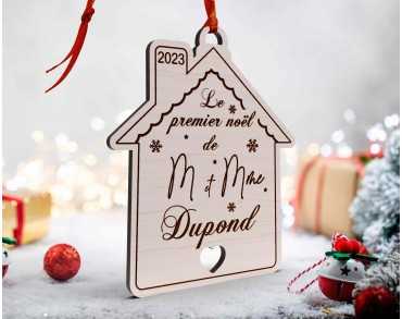 Boule de Noël en bois personnalisée maison de Noël monsieur et madame