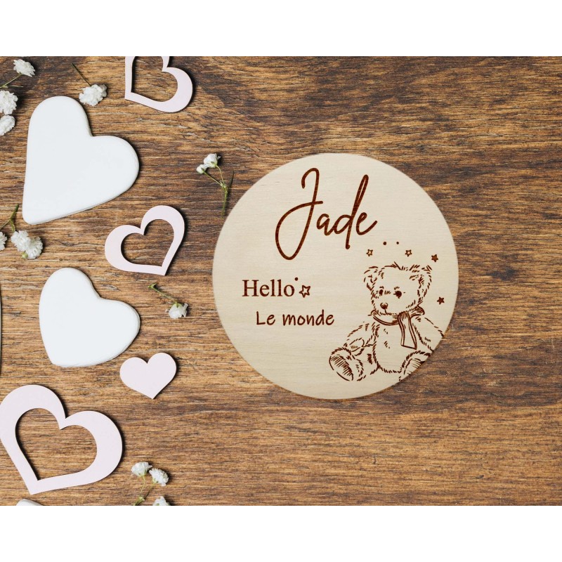 Carte en bois annonce naissance personnalisée, prénom bébé, ourson, surprise prénom, photos souvenirs, maternité