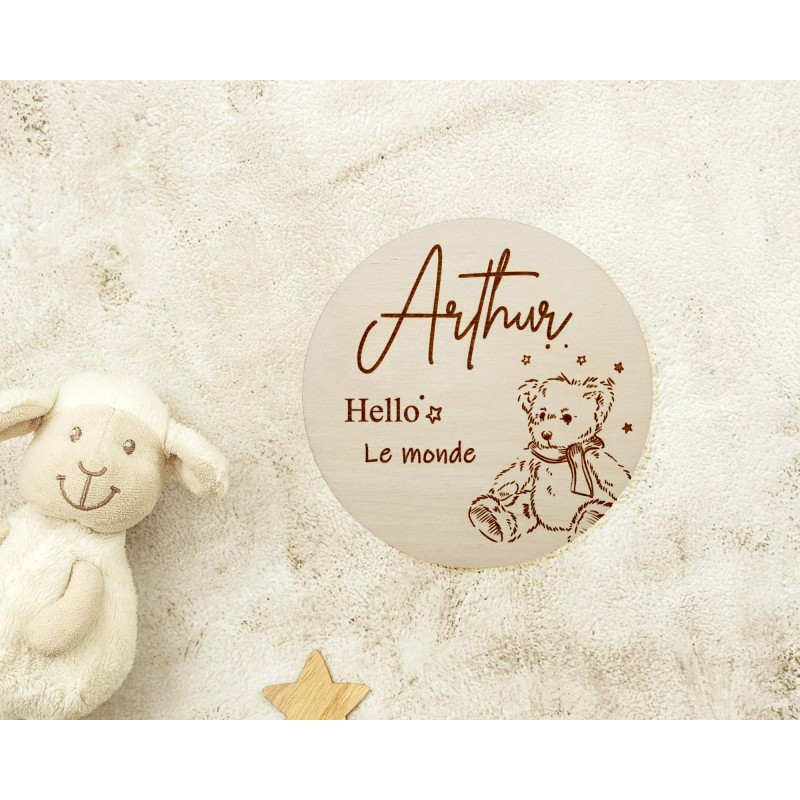 Carte en bois annonce naissance personnalisée, prénom bébé, ourson, surprise prénom, photos souvenirs, maternité