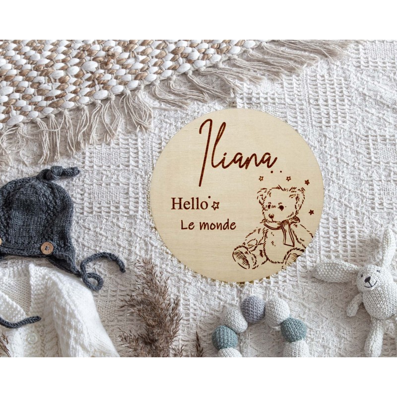 Carte en bois annonce naissance personnalisée, prénom bébé, ourson, surprise prénom, photos souvenirs, maternité