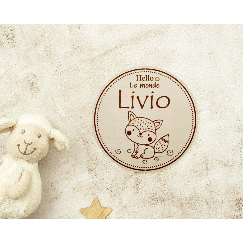 carte en bois personnalisée - prénom bébé - annonce naissance renard