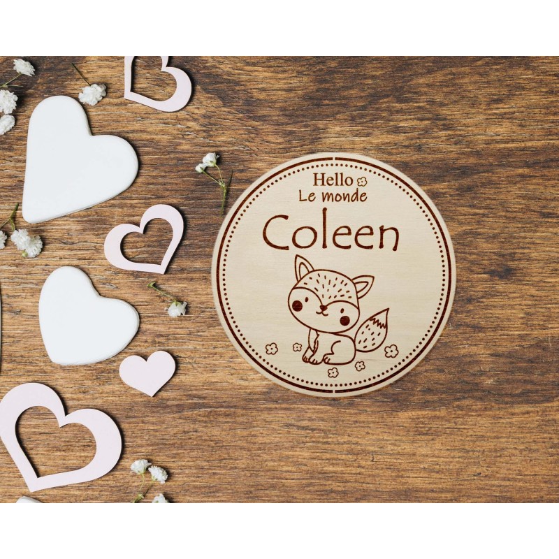 carte en bois personnalisée - prénom bébé - annonce naissance renard