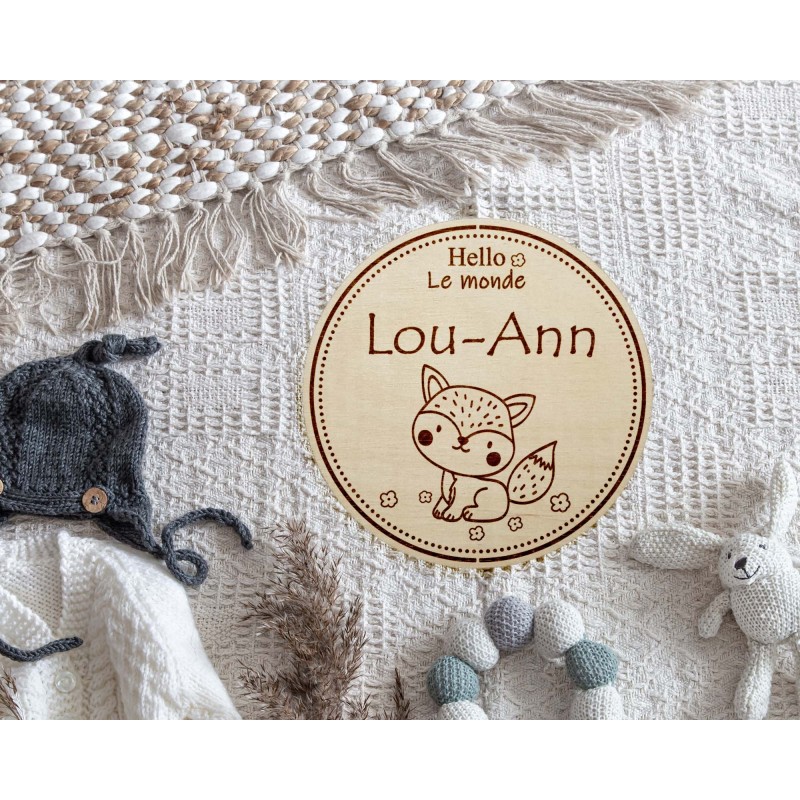 carte en bois personnalisée - prénom bébé - annonce naissance renard