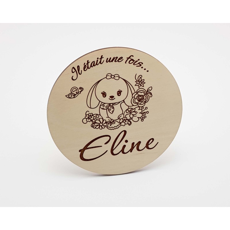 Carte en bois annonce naissance personnalisée lapin floral