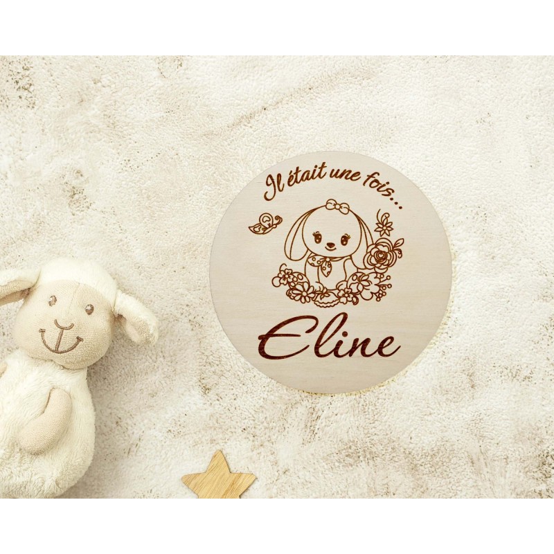 Carte en bois annonce naissance personnalisée, prénom bébé, lapin floral, naissance, surprise prénom, photos souvenirs, maternit