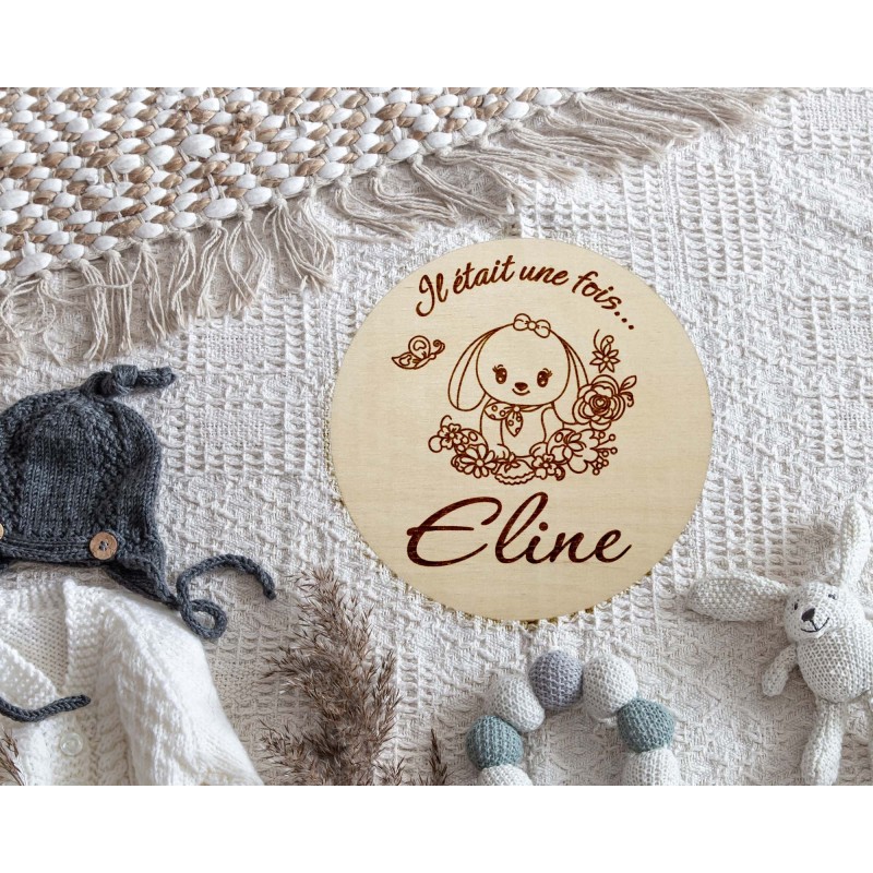 Carte en bois annonce naissance personnalisée, prénom bébé, lapin floral, naissance, surprise prénom, photos souvenirs, maternit