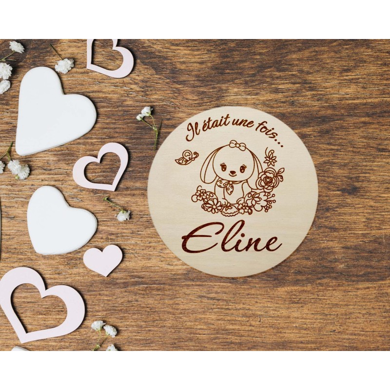 Carte en bois annonce naissance personnalisée, prénom bébé, lapin floral, naissance, surprise prénom, photos souvenirs, maternit