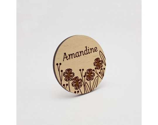 Badge en bois prénom personnalisé, champêtre, floral, végétal