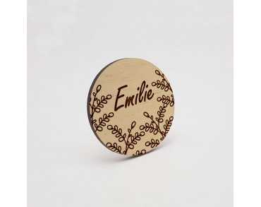 Badge en bois prénom personnalisé champêtre, floral, végétal