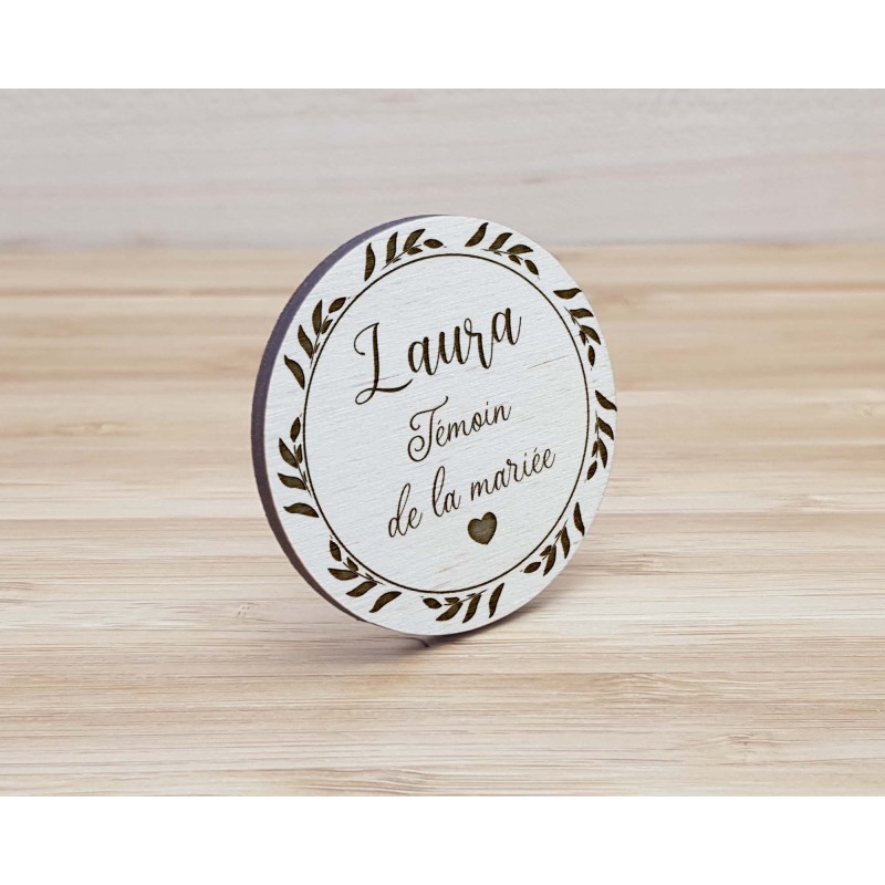 Badge en bois personnalisé, mariage famille témoin invités