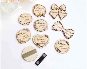 Badge en bois personnalisé, mariage famille témoin invités