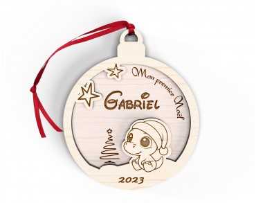 Boule de Noël personnalisée en bois décor bébé dino mon premier noël