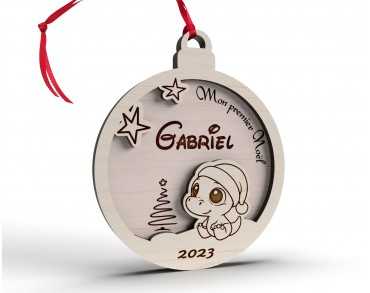 Boule de Noël personnalisée en bois décor bébé dino mon premier noël