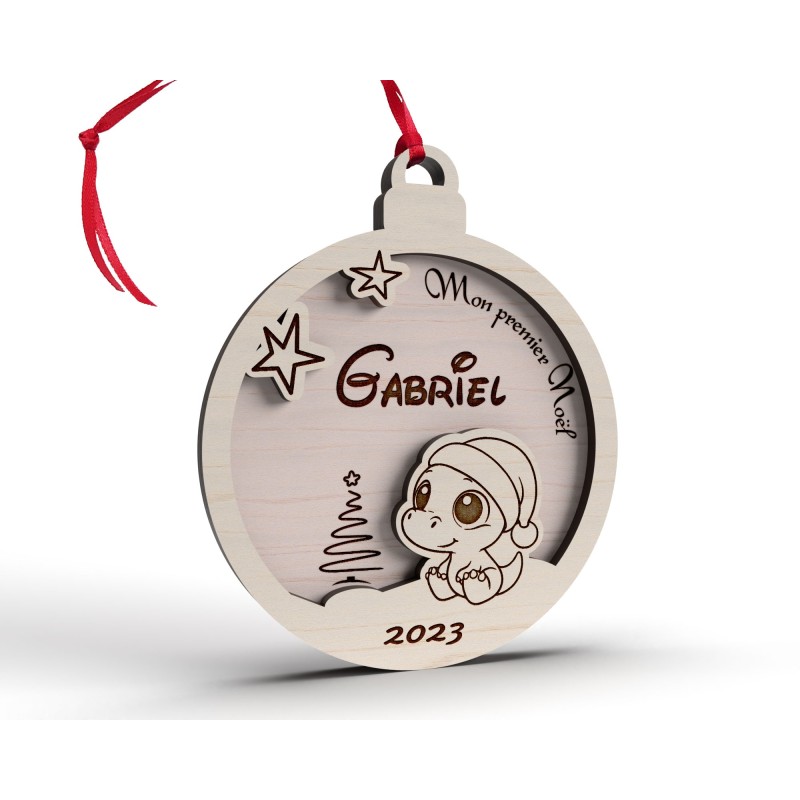 Boule de Noël personnalisée en bois décor bébé dino mon premier noël