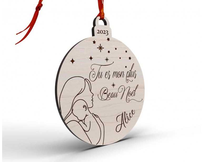 Boule de Noël personnalisée en bois maman premier noël naissance
