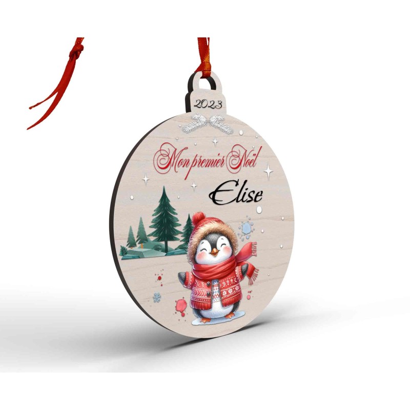 Boule de Noël en Bois Personnalisée avec pingouin colorée Mon Premier Noël