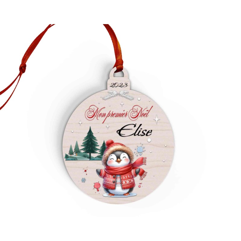 Boule de Noël en Bois Personnalisée avec pingouin colorée Mon Premier Noël