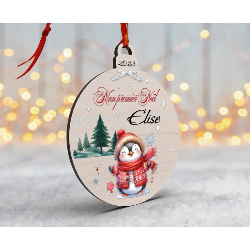 Boule de Noël en Bois Personnalisée avec pingouin colorée Mon Premier Noël