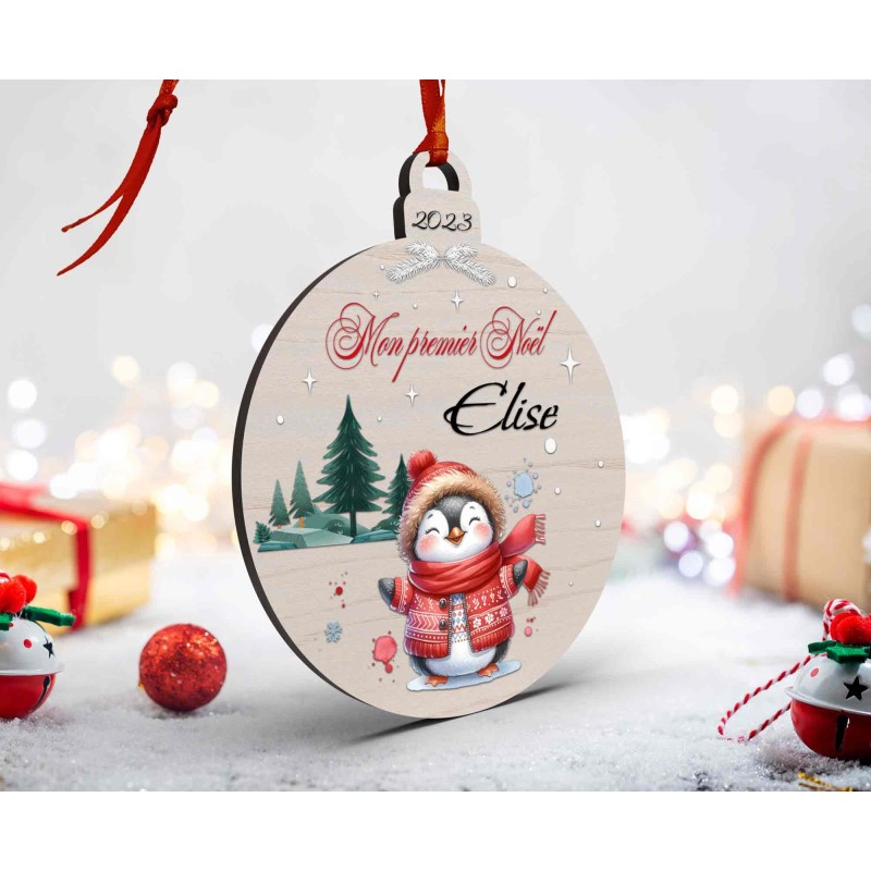 Boule de Noël en Bois Personnalisée avec pingouin colorée Mon Premier Noël