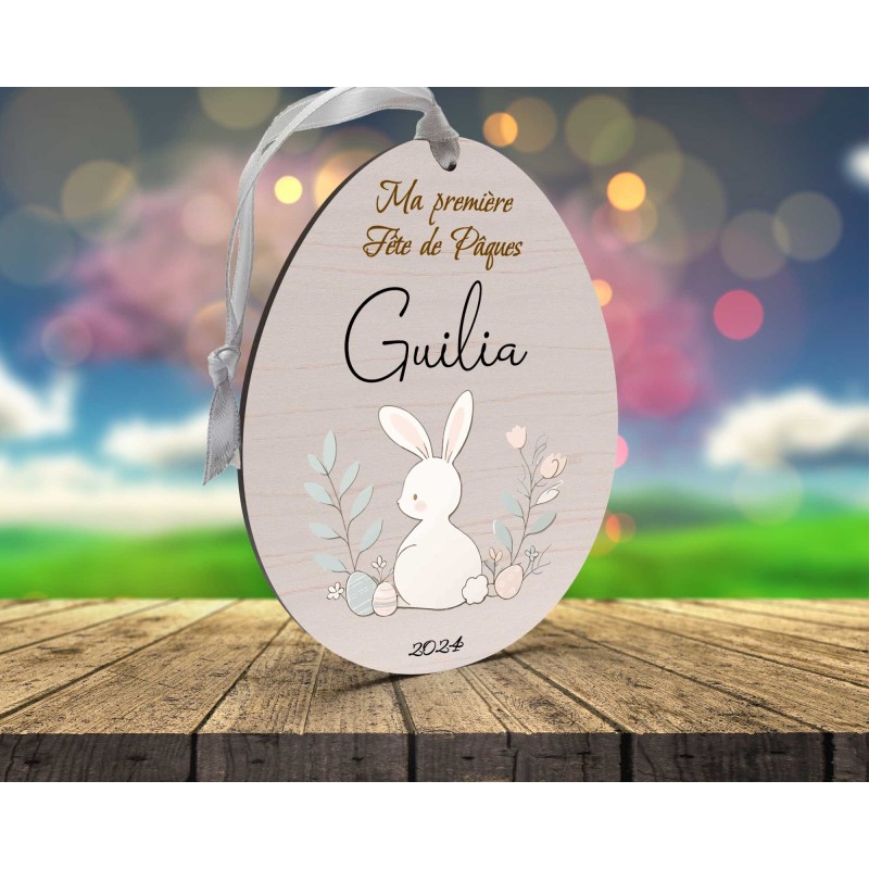 Œuf de Pâques Personnalisé en Bois et couleur lapin pastel
