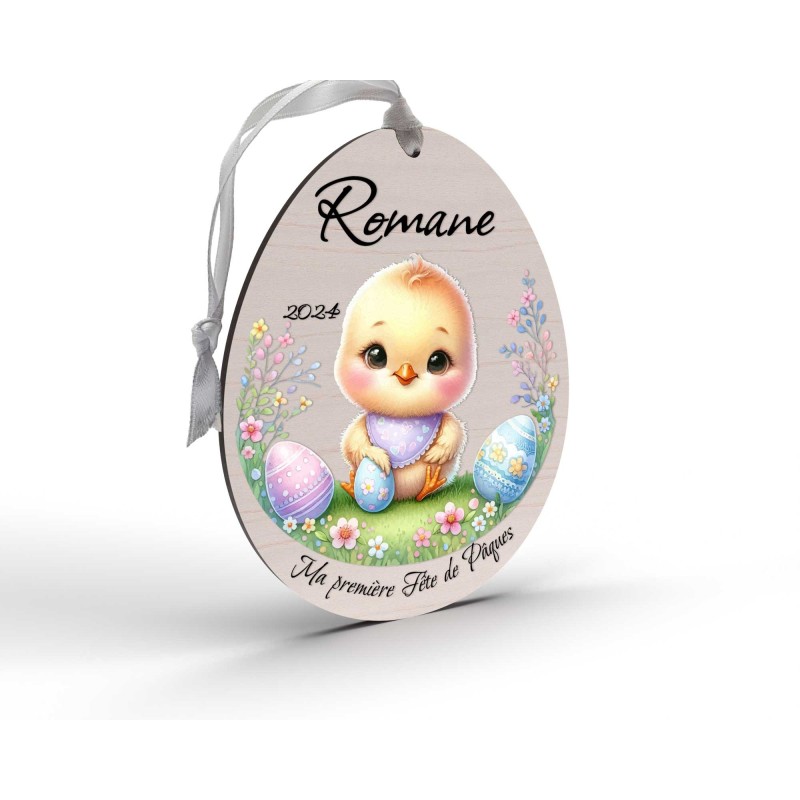 Œuf de Pâques Personnalisé en Bois et couleur poussin mignon