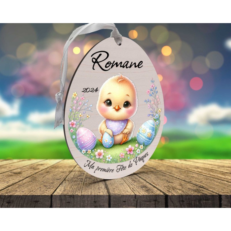 Œuf de Pâques Personnalisé en Bois et couleur poussin mignon