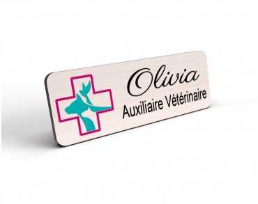 Badge vétérinaire en bois personnalisé logo chien chat oiseau croix coloré