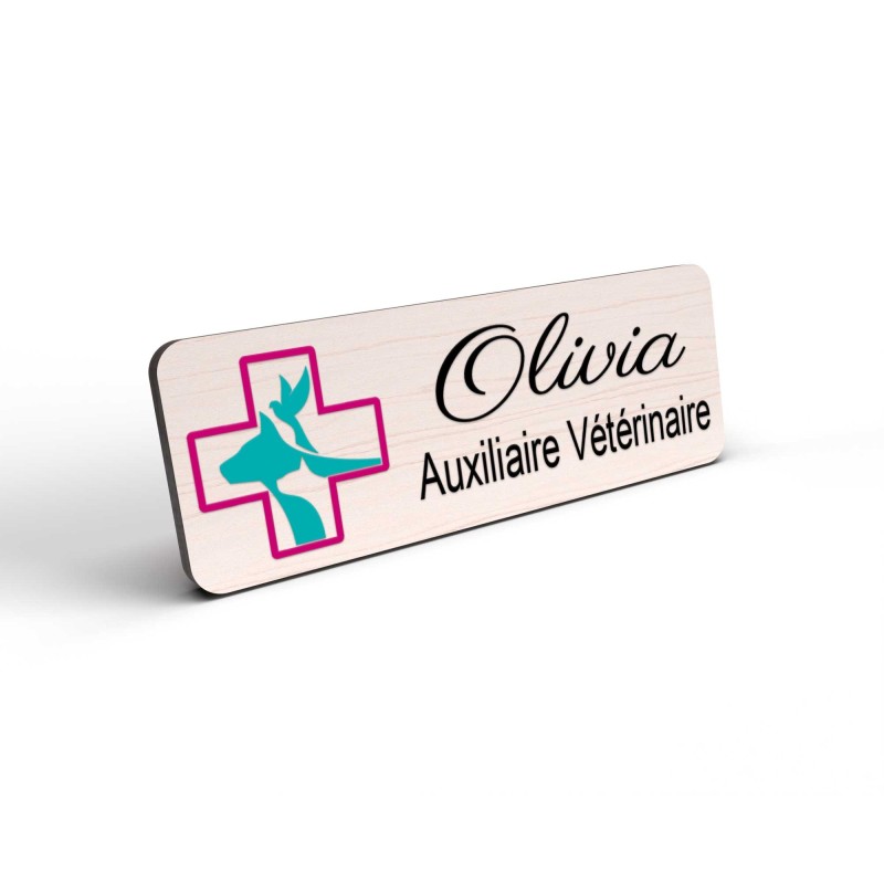 Badge vétérinaire en bois personnalisé logo chien chat oiseau croix coloré