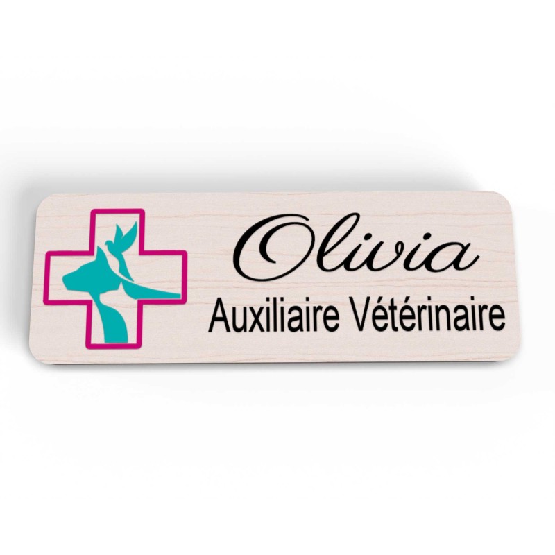 Badge vétérinaire en bois personnalisé logo chien chat oiseau croix coloré