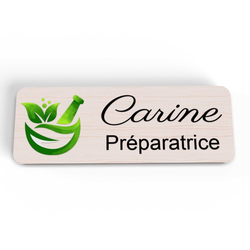 Badge préparatrice en bois et couleur personnalisé pharmacie