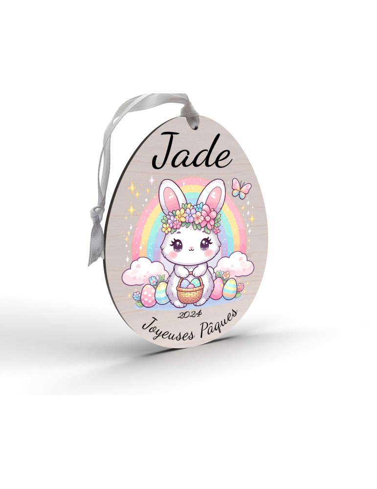 Œuf de Pâques Personnalisé en Bois et couleur lapin arc en ciel
