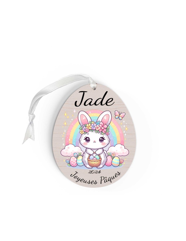Œuf de Pâques Personnalisé en Bois et couleur lapin arc en ciel