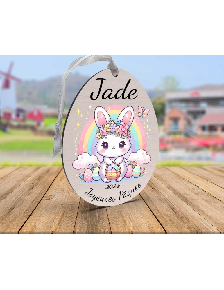 Œuf de Pâques Personnalisé en Bois et couleur lapin arc en ciel