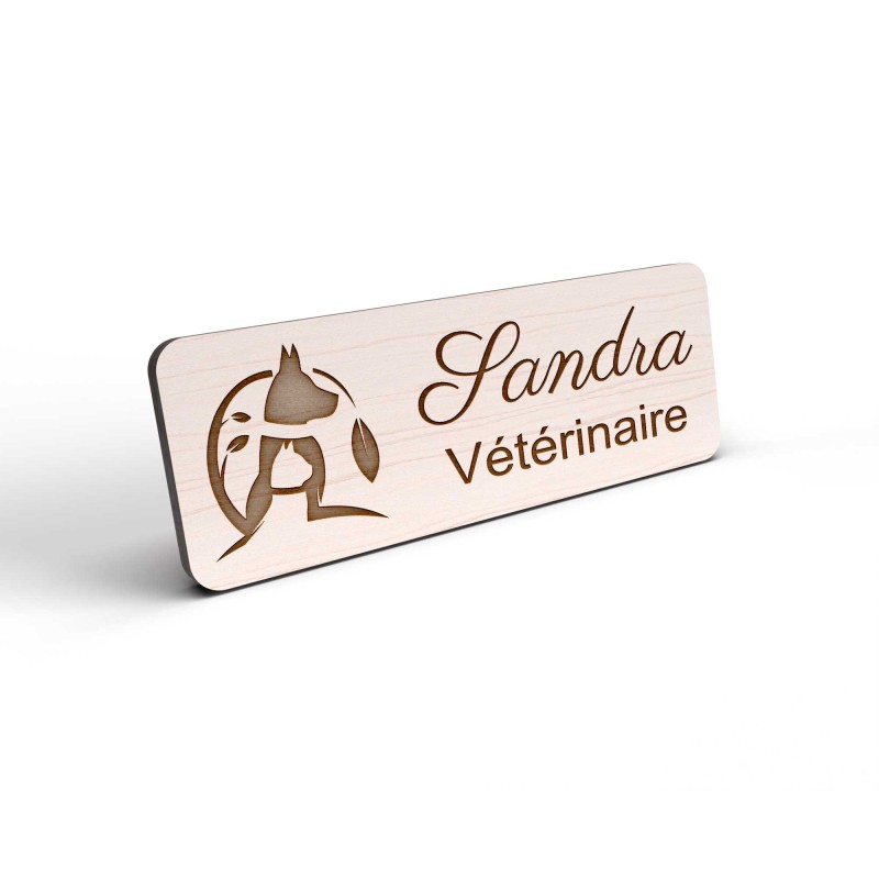 Badge personnalisé vétérinaire en bois logo chien chat