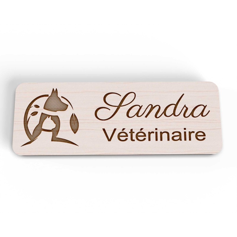 Badge en bois personnalisé patte chat chien, vétérinaire, soigneur, toiletteur, dresseur, zoologiste