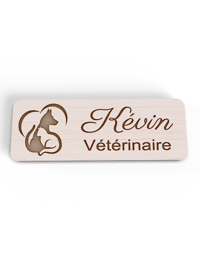 Badge en bois personnalisé patte chat chien, vétérinaire, soigneur, toiletteur, dresseur, zoologiste