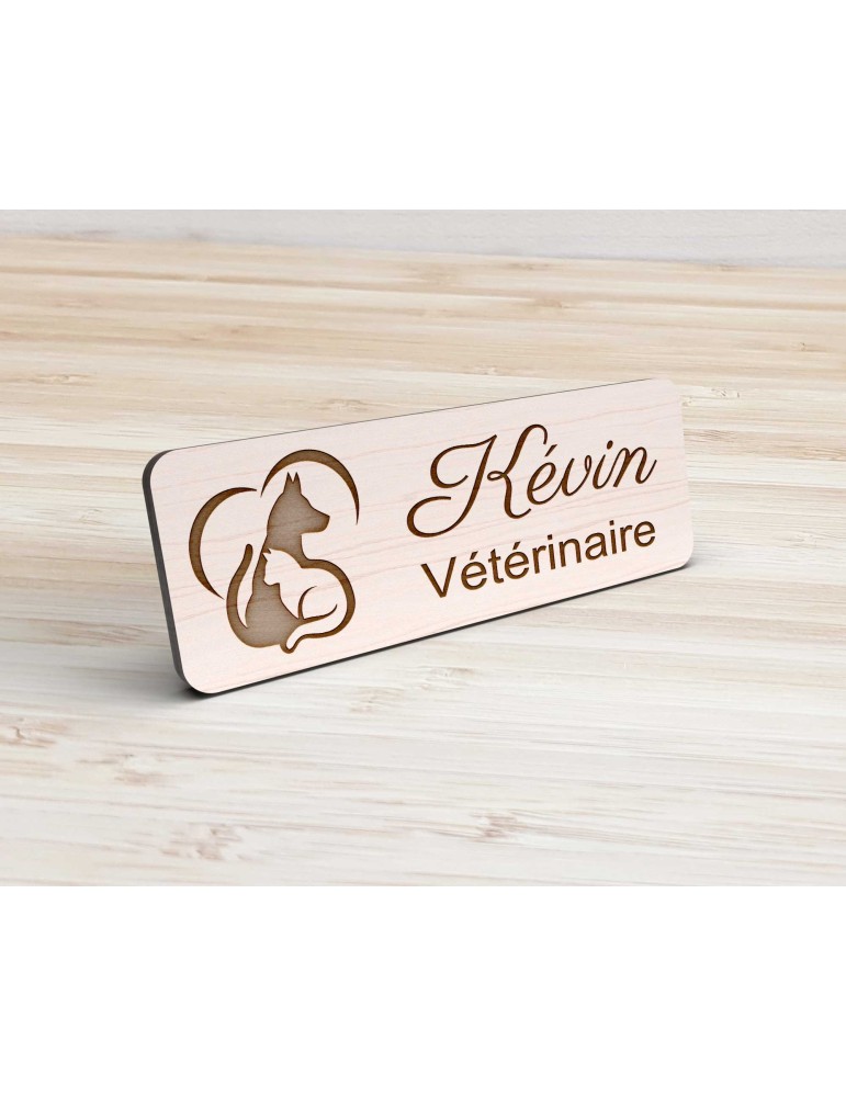 Badge en bois personnalisé patte chat chien, vétérinaire, soigneur, toiletteur, dresseur, zoologiste