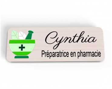 Badge préparatrice en bois et couleur personnalisé pharmacie mortier