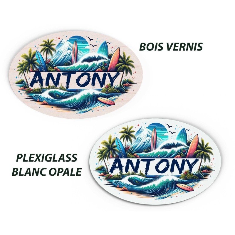 Plaque de Porte Personnalisable thème surf mer ocean bois ou plexi